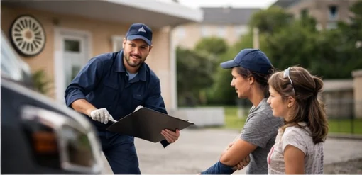 Échange avec un client pendant une intervention de mécanique à domicile