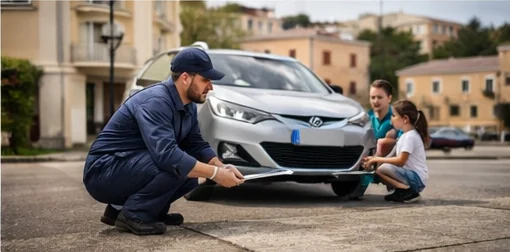 Mécanicien mobile présentant un diagnostic à côté du véhicule